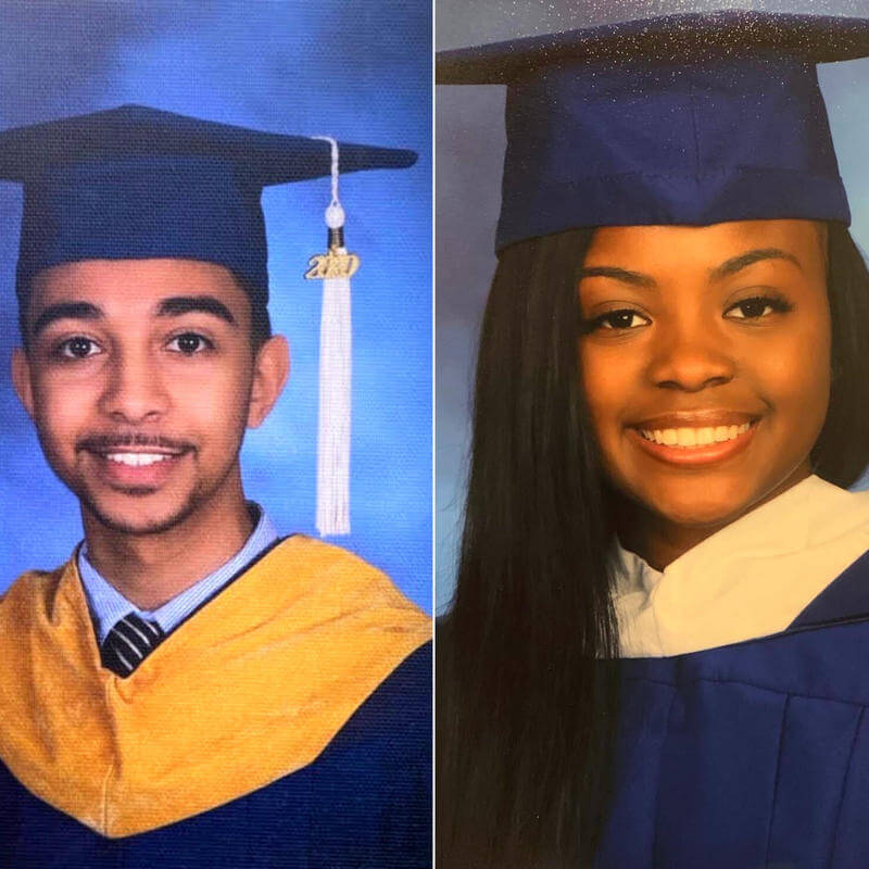 Side by side photos of a Male and a Female Howard university graduate in cap and gown