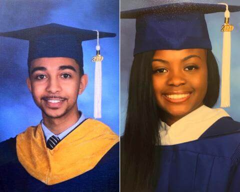 Side by side photos of a Male and a Female Howard university graduate in cap and gown